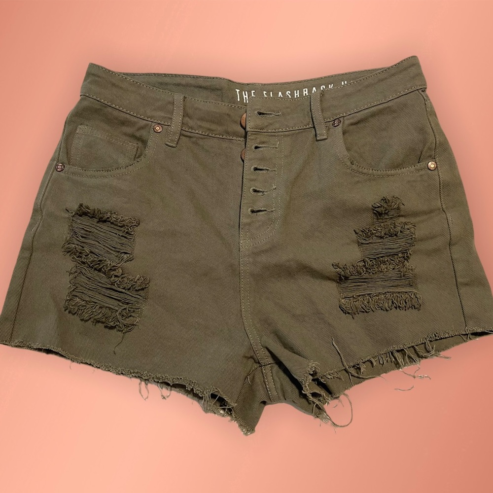 High Waisted Distressed Olive Shorts